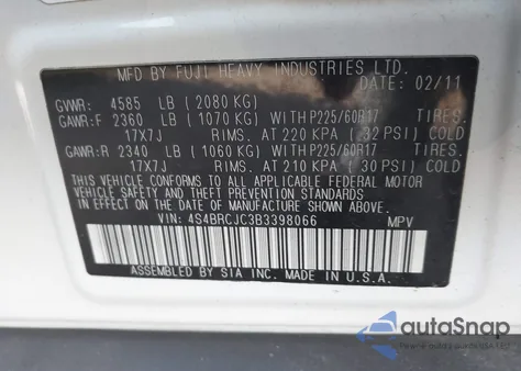 2011 Subaru Outback 2.5I Limited z USA, uszkodzony, nr VIN 4S4BRCJC3B3398066